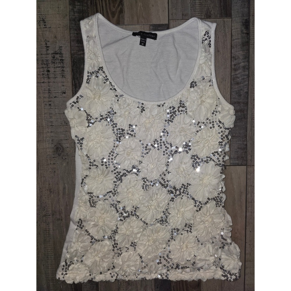 Love Culture Womens Ivory Floral Applique Sequin Tank Top Medium Creamy White